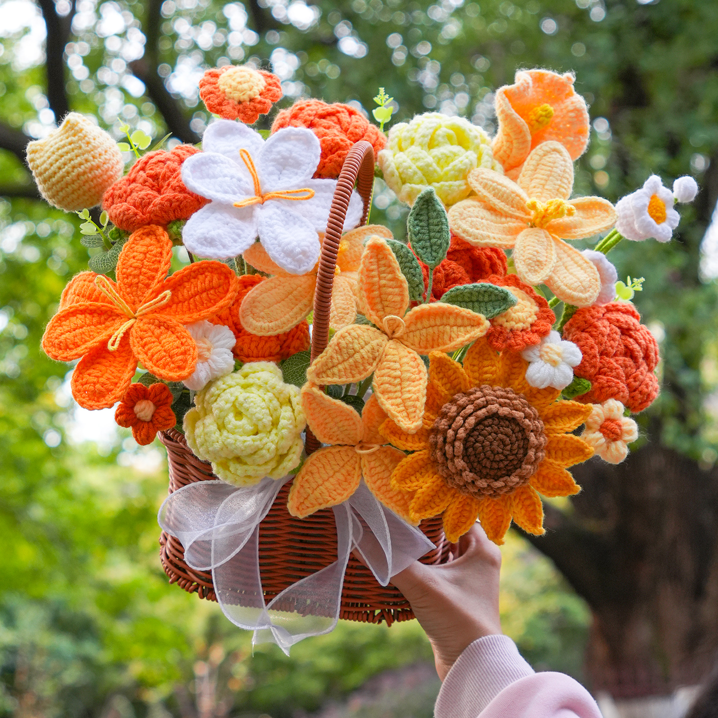 创意生日礼物手工针织向日葵毛线花束手提花篮见面伴手礼送女闺蜜