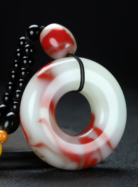 天然鸡血石平安扣手把件大号平安环和田玉金丝玉车挂手玩件手挂饰