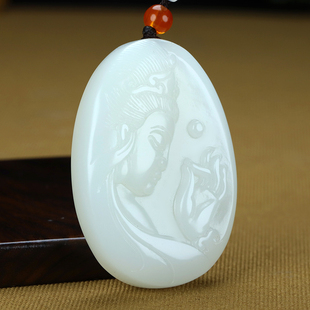 和田玉观音吊坠男女款羊脂白玉一念成佛侧脸观音玉佩挂件玉石项链