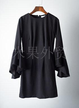 2021新款 外贸原单女士春款圆领纯色直筒荷叶边袖显瘦连衣裙
