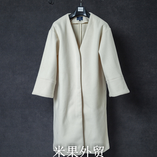 外贸日韩风女长款仿毛呢风衣 连帽秋冬女外套田园风V领百搭女大衣