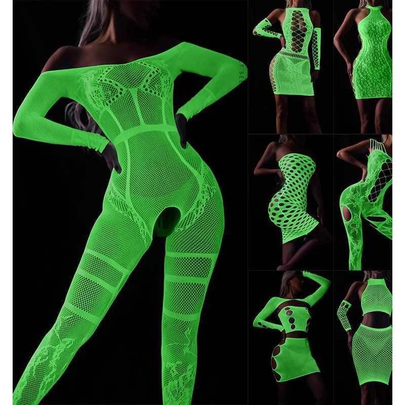 丝袜子发光网眼连身袜夜光抹胸连体衣全身袜夜店网袜吊带大码荧光