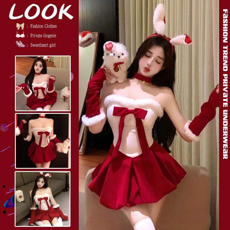 圣诞节兔女郎cos服装氛围感穿搭纯欲风甜美丝绒抹胸红色连衣裙女