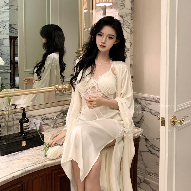 :南法优雅*性感睡衣女春秋法式蕾丝镂空带胸垫冰丝吊带睡裙夏