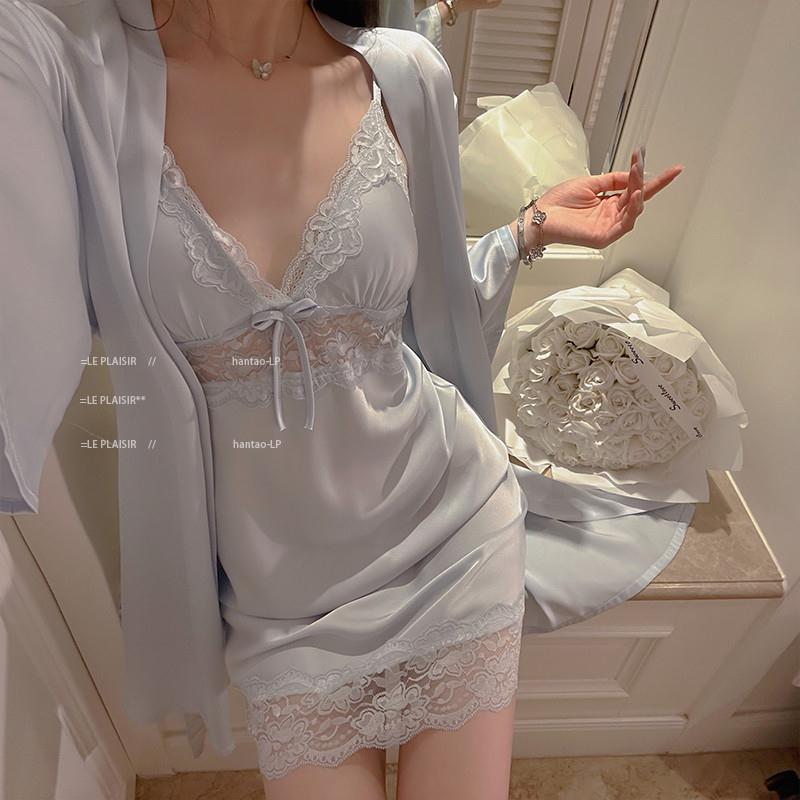 性感冰丝吊带睡衣女春秋带胸垫蕾丝睡裙睡袍冰丝家居服两件