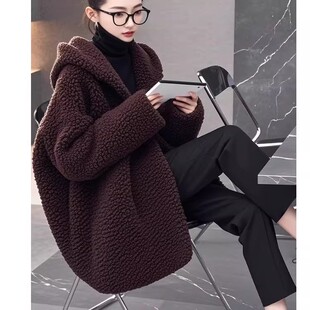 欧货时尚洋气独特超好看高级感小香风黑色中长款连帽羊羔毛外套冬