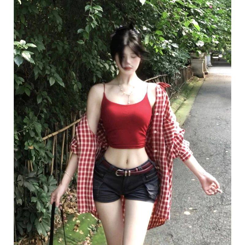 红色格子衬衫女款2026新款吊带两件套装上衣薄款外套夏日ootd穿搭