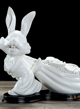 德化白瓷生肖兔子摆件招财动物陶瓷玉兔客厅电视柜装饰瓷器工艺品