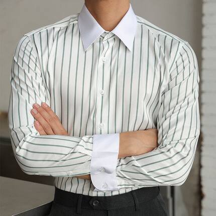 衬衫休闲异色领条纹男士撞色商务英伦长袖跨境修身秋季亚马逊衬衣