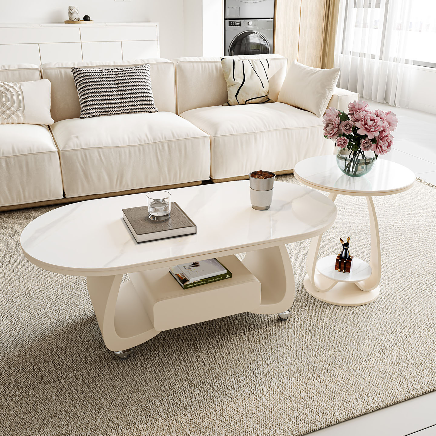 小户型圆形岩板边几茶几组合客厅家用极简奶油风心形沙发茶几带轮