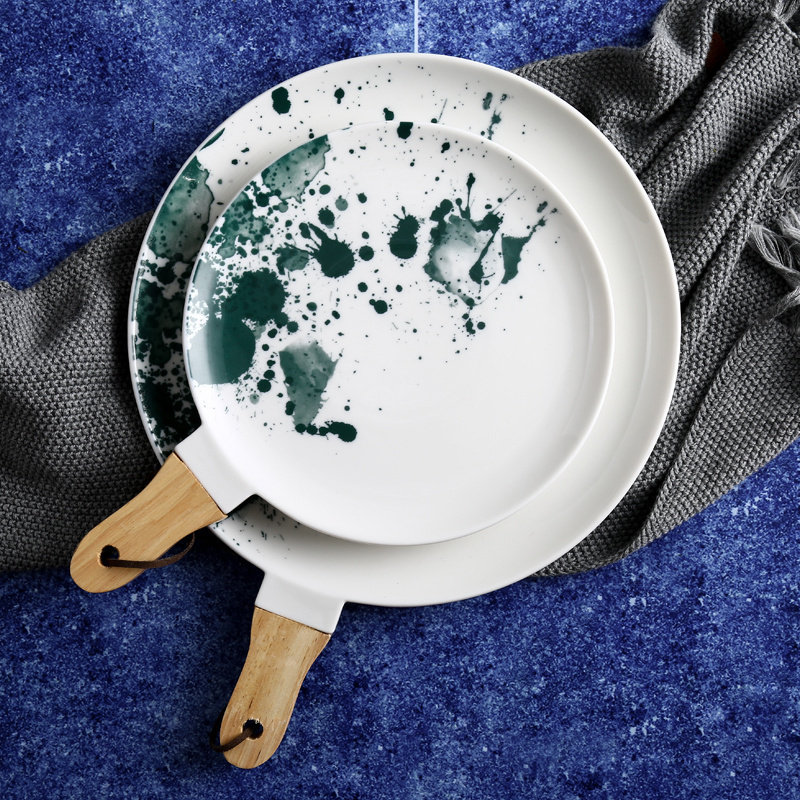 中国风手绘西餐牛排盘 水墨画餐具点心面包盘披萨盘带木质手柄