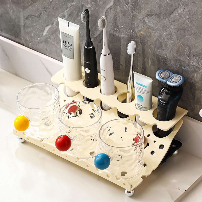 牙刷牙膏漱口刷牙杯子置物架卫生间电动牙具套装台式收纳架免打孔