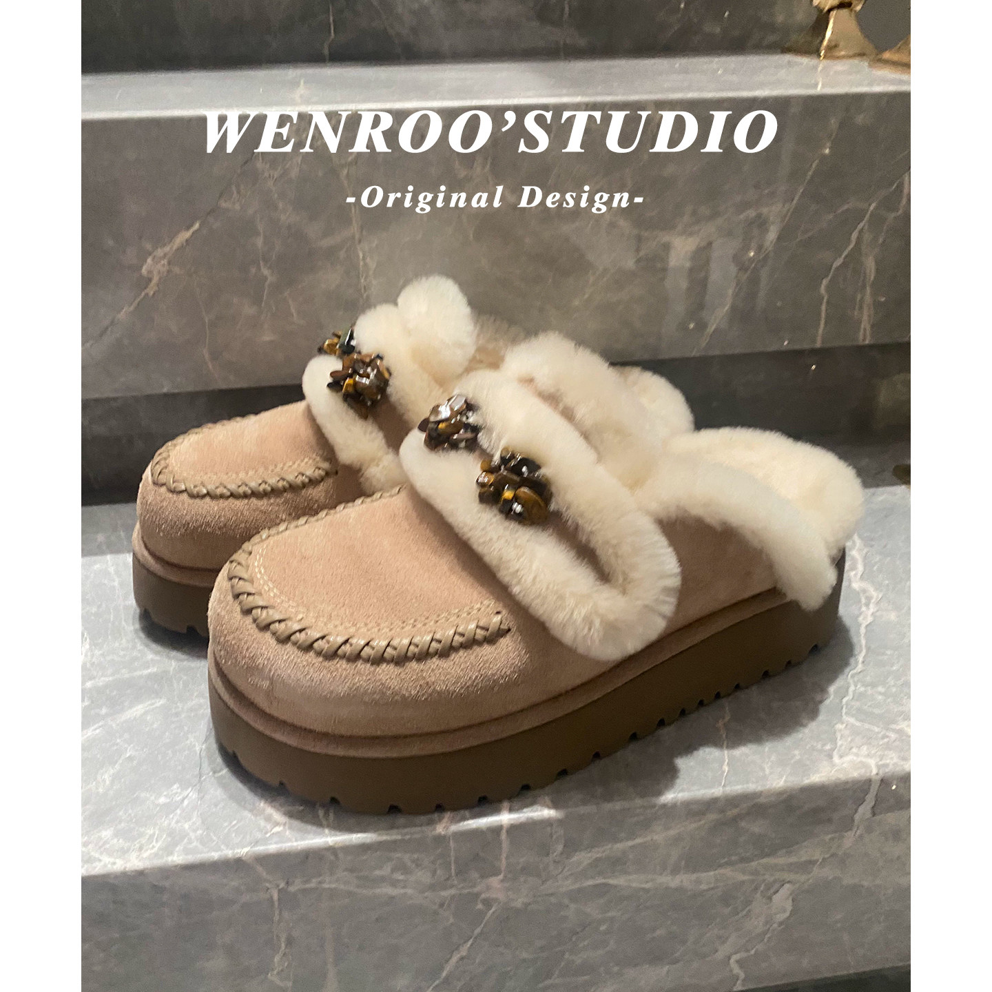 绝美编织包头厚底毛毛鞋女秋冬款