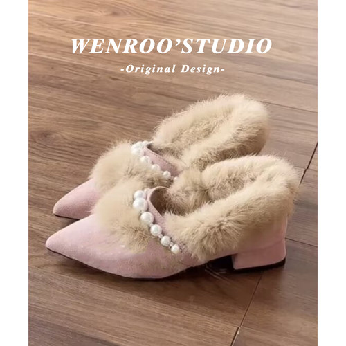 法式珍珠尖头粗跟毛毛高跟鞋秋冬