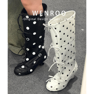 复古波点系带大筒围高跟长靴女2026秋冬新款 小众设计感高筒骑士靴