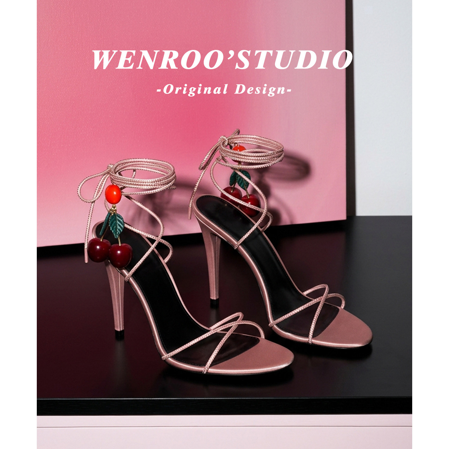 小众高级感樱桃绑带细跟凉鞋女2026夏季新款性感粉色不累脚高跟鞋