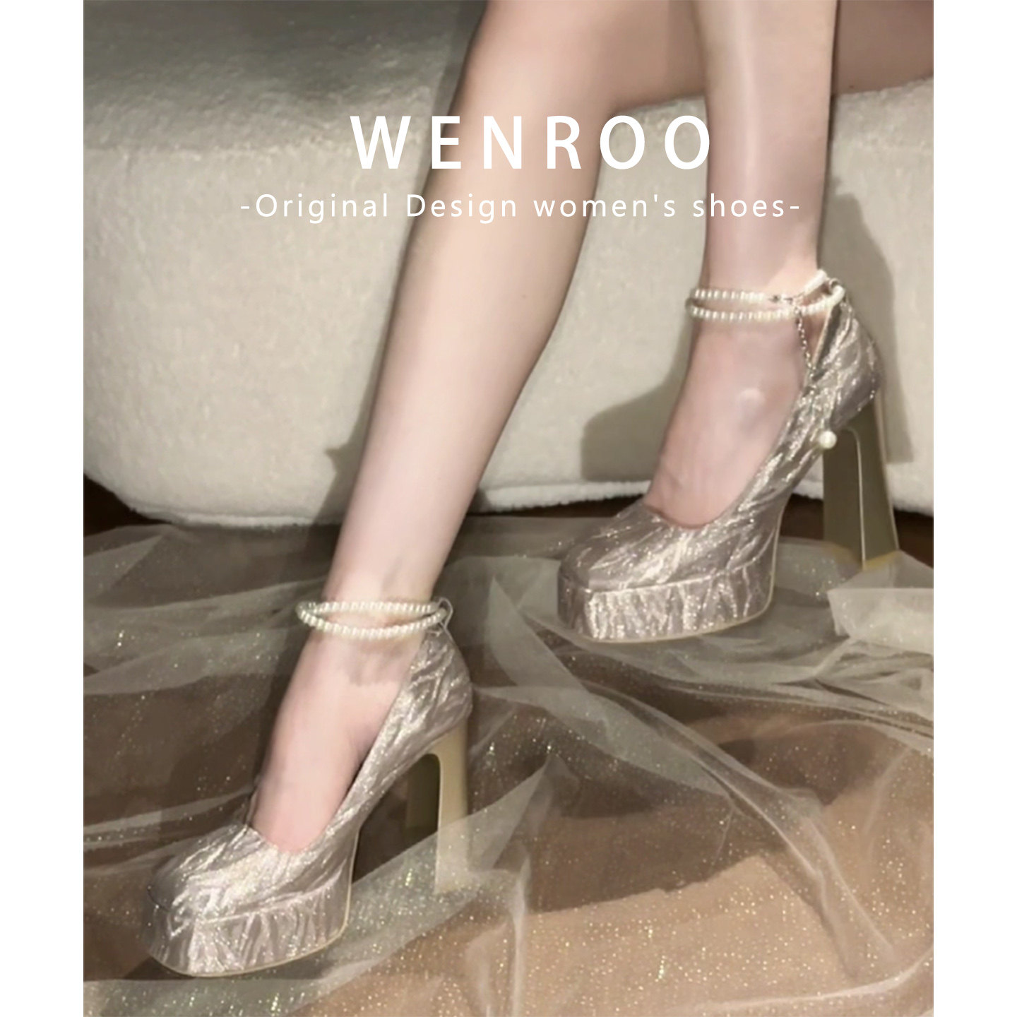 绝美防水台高跟鞋女粗跟法式水晶婚鞋2026新款气质配裙子礼服单鞋