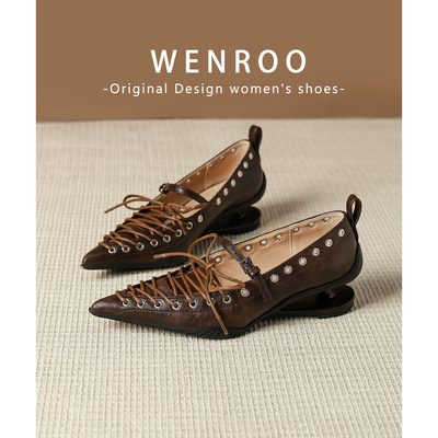 小众复古尖头系带悬浮跟单鞋女春