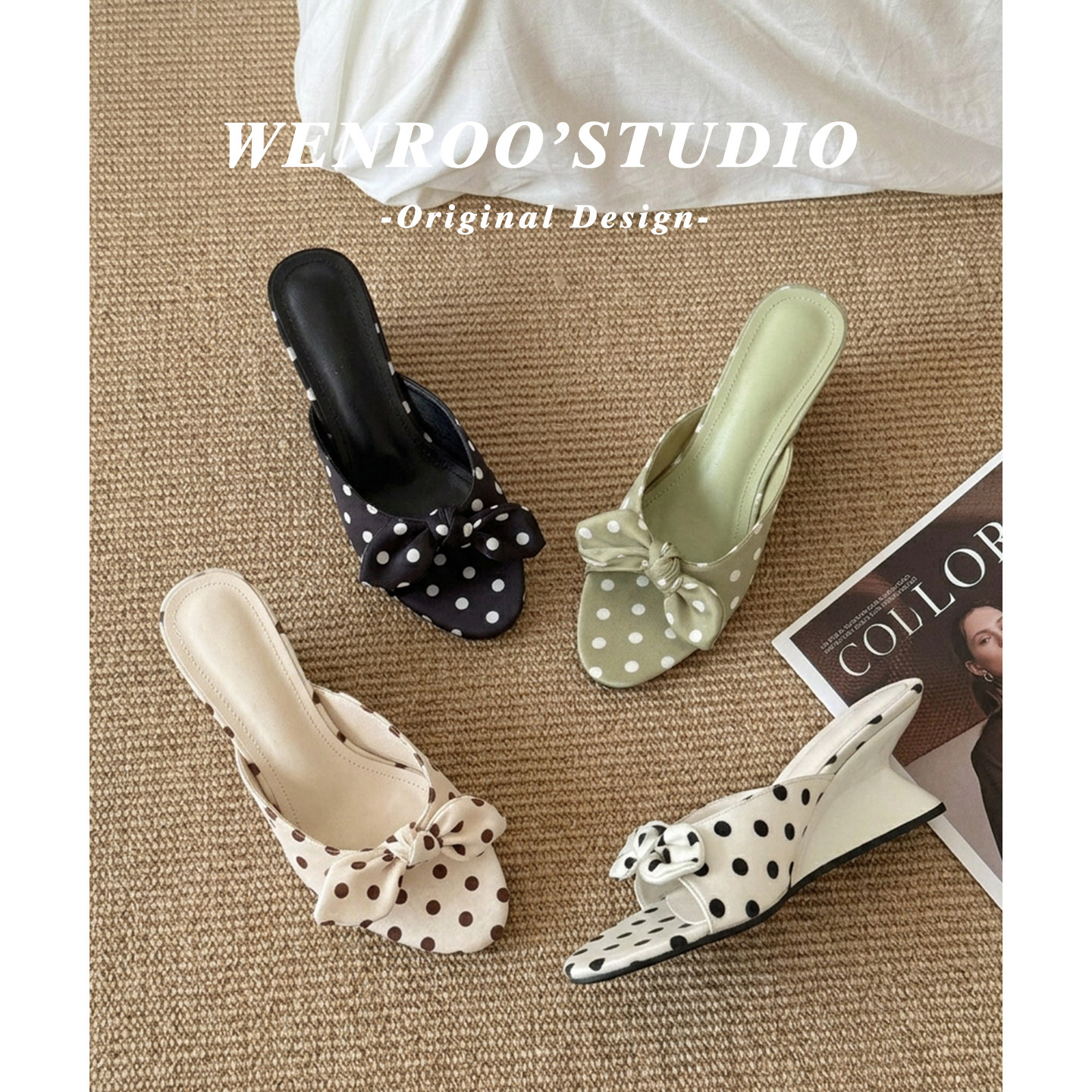 甜美气质波点坡跟凉鞋女夏外穿2026新款白色法式露趾高跟一字拖鞋