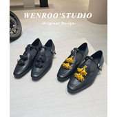 复古金色花朵扣带玛丽珍单鞋 黑色方头乐福小皮鞋 女2026年春季 新款