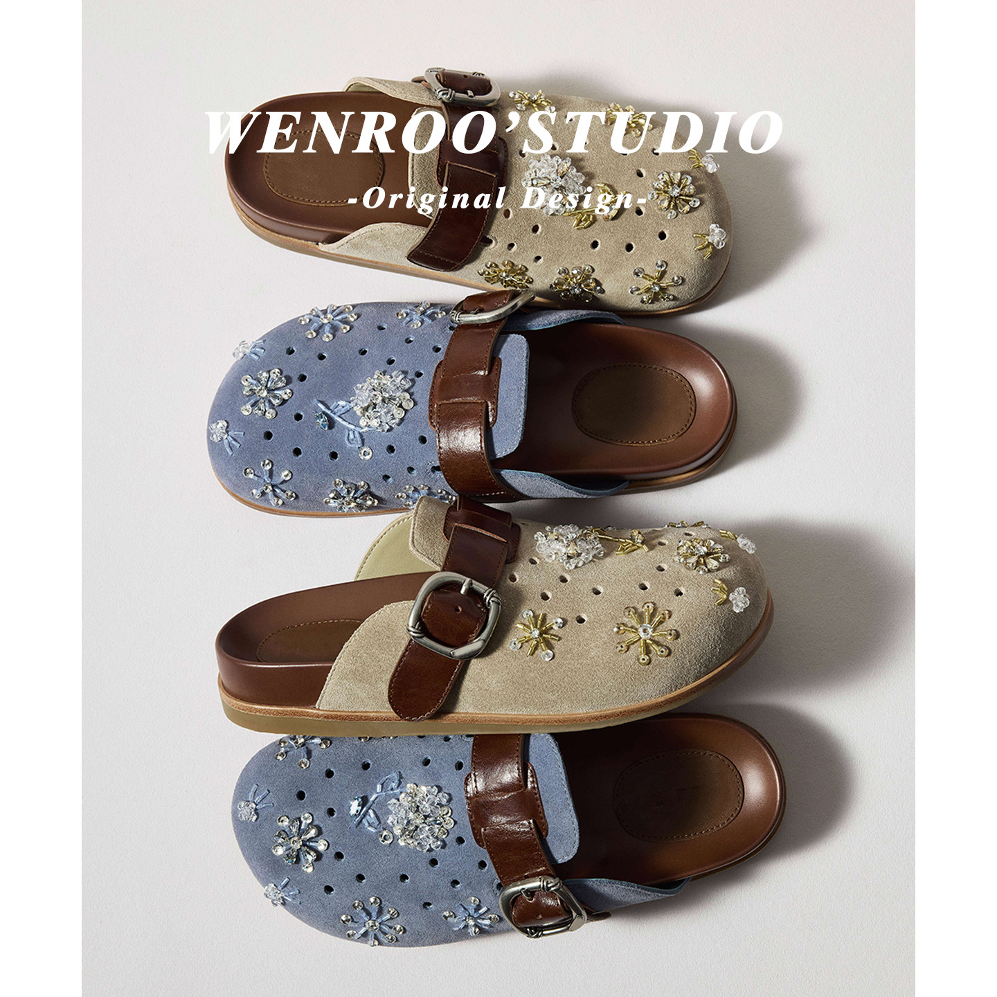 高级感水钻花朵镂空厚底勃肯鞋女外穿2026春夏新款蓝色包头半拖鞋