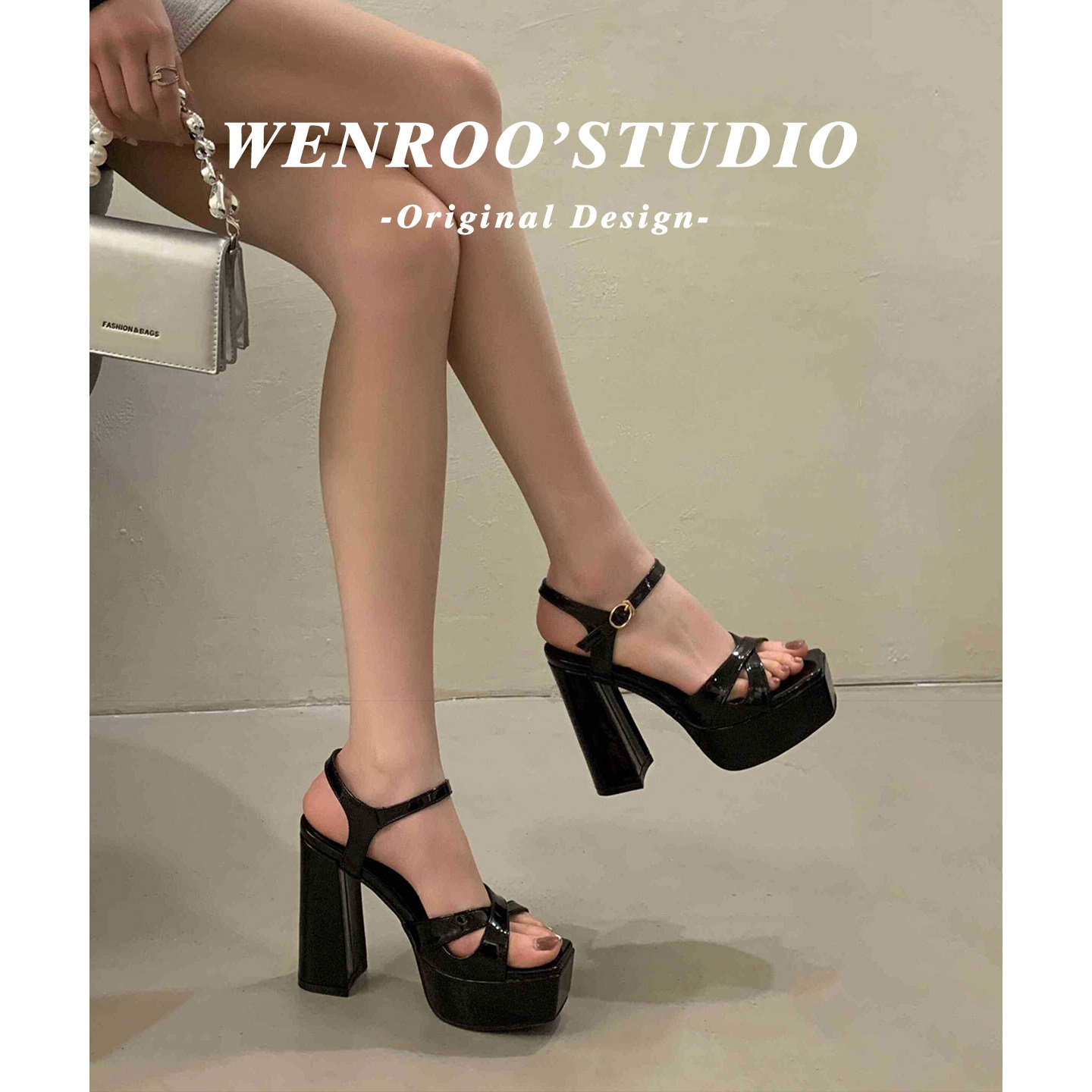 15CM~复古黑色粗跟小个子凉鞋女夏2026新款一字扣带防水台高跟鞋