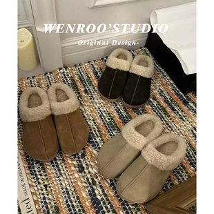 复古真皮羊羔毛包头拖鞋女外穿2025秋冬新款保暖厚底加绒勃肯棉鞋