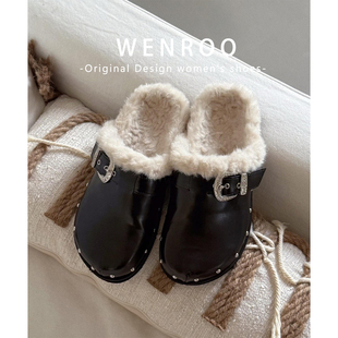 黑色复古铆钉加绒勃肯鞋女外穿2025秋冬新款增高厚底包头毛毛拖鞋