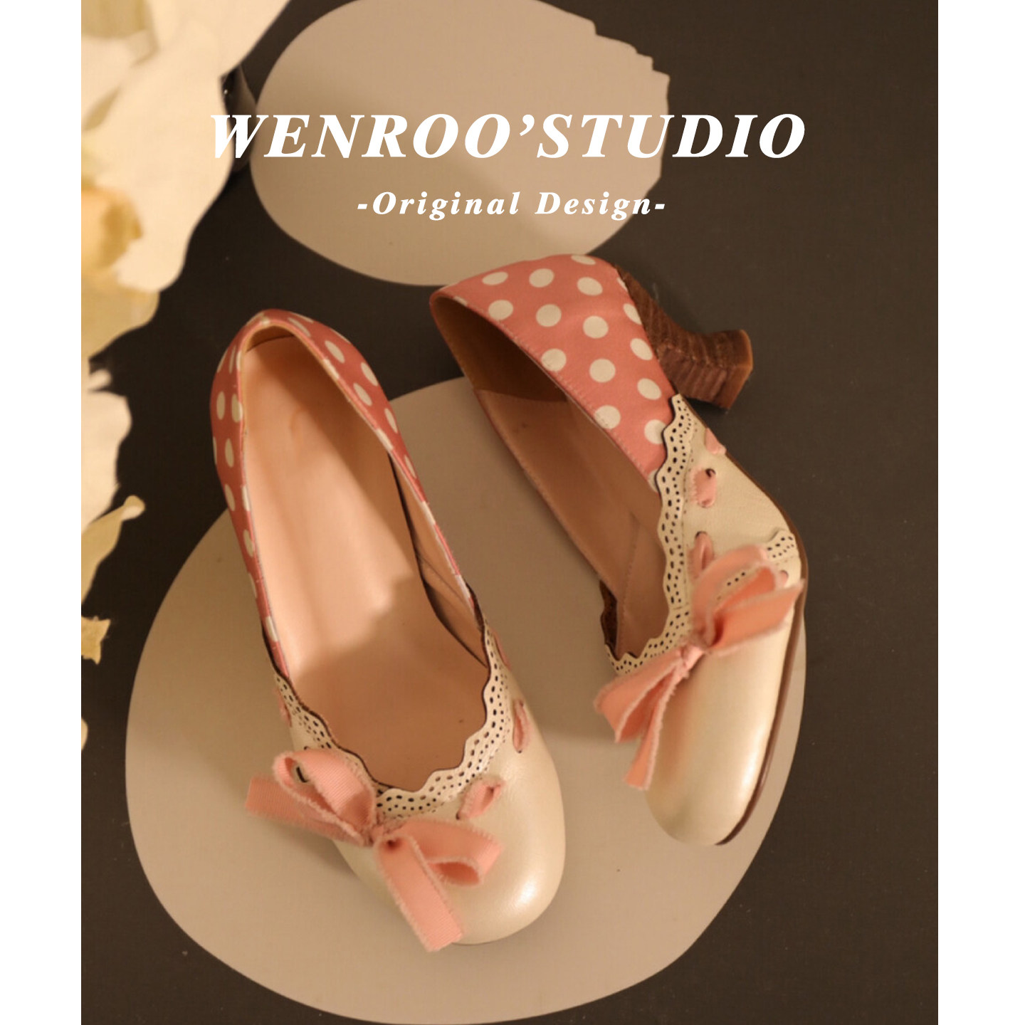 小众拼色波点蝴蝶结圆头高跟鞋女春2026新款粉色甜美浅口粗跟单鞋