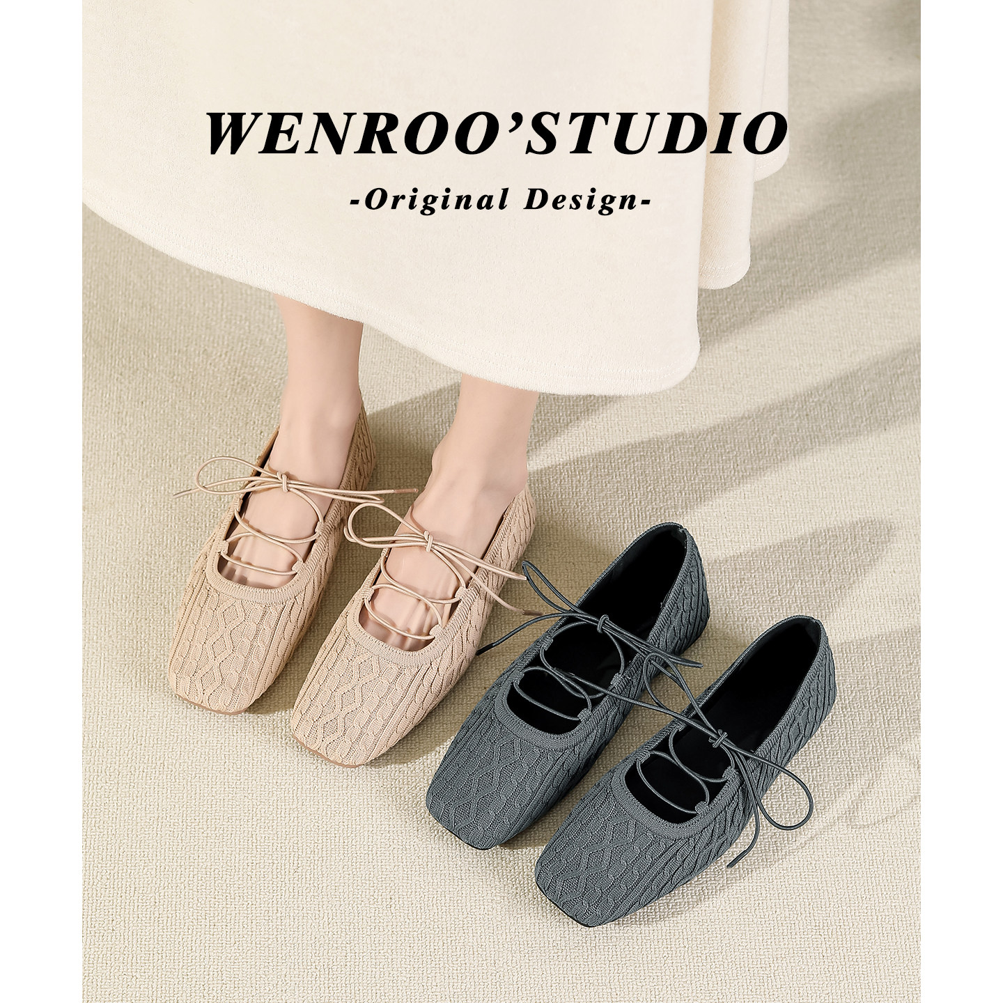 法式小众设计针织系带方头芭蕾鞋女2026春季新款复古平底浅口单鞋,女鞋,浅口单鞋,淘宝优惠券,粉丝福利购,淘宝优惠卷