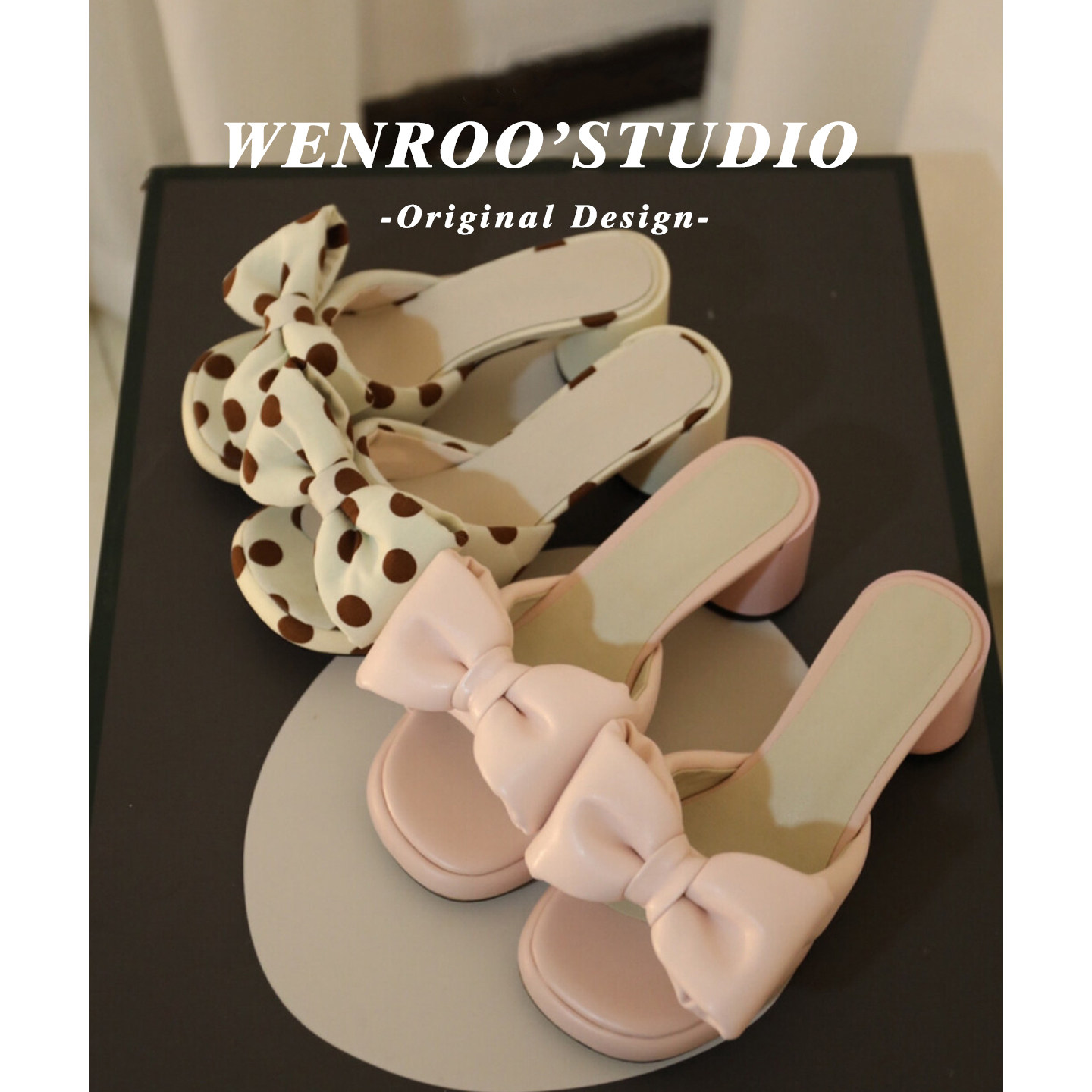 甜美蝴蝶结粗跟一字凉鞋女外穿2026夏季新款法式波点露趾高跟拖鞋