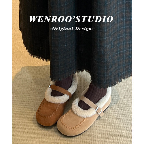 复古扣带加绒平底玛丽珍毛毛鞋女