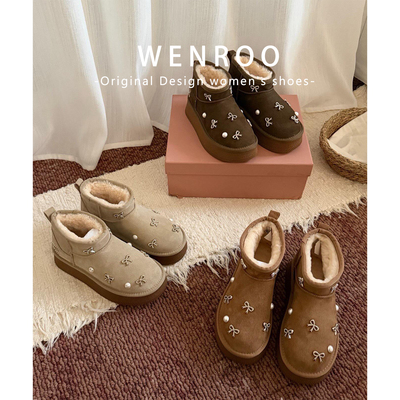 珍珠蝴蝶结增高厚底加绒雪地靴女