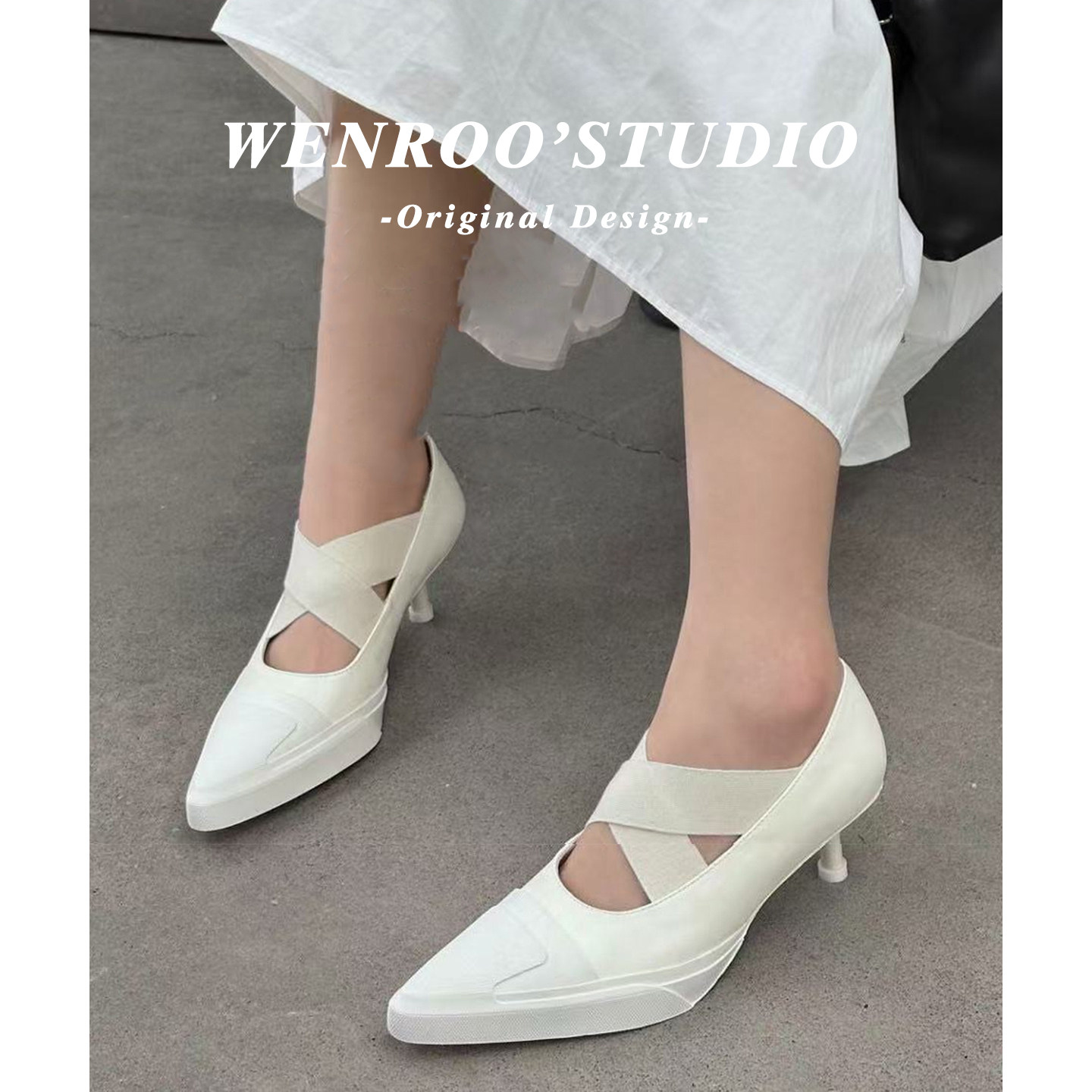 设计感帆布松紧带尖头高跟鞋女2026春夏新款白色休闲细跟绝美单鞋