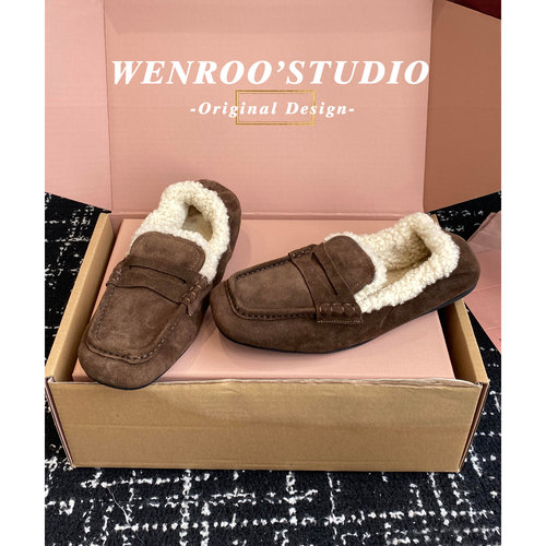 咖色真皮软平底方头毛毛鞋女外穿