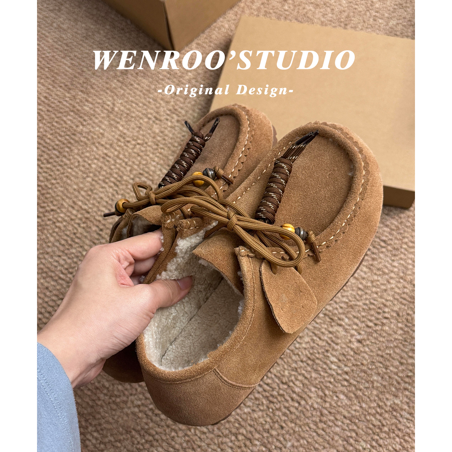 棕色真皮系带厚底全包勃肯鞋外穿