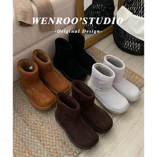 牛皮版！美拉德加绒增高厚底雪地靴女冬季复古羊羔毛真皮短筒棉靴