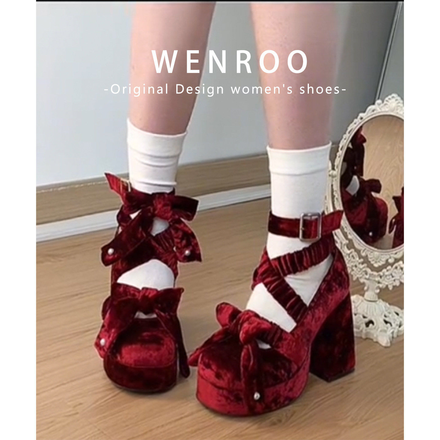 优雅交叉扣带玛丽珍高跟鞋女粗跟红色丝绒婚鞋厚底复古lolita单鞋