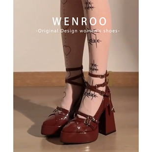 气质红色玛丽珍高跟鞋女粗跟法式婚鞋2026新款复古防水台尖头单鞋