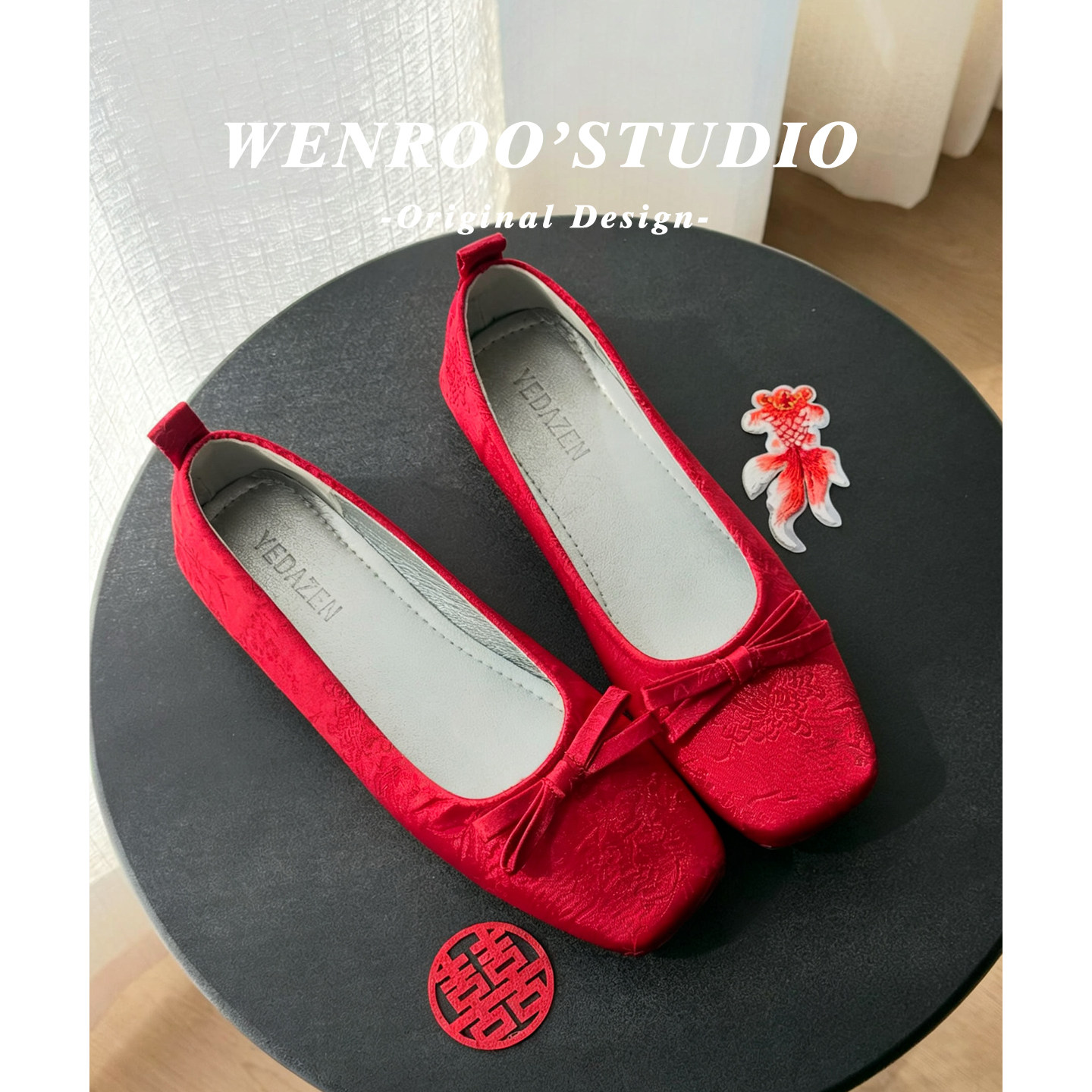 中式国风印花红色平底敬酒服婚鞋