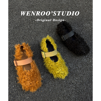 法式羊羔毛毛绿色芭蕾玛丽珍鞋女