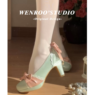 气质浅口尖头单鞋 法式 女2026新款 优雅绿色蕾丝蝴蝶结Lolita高跟鞋