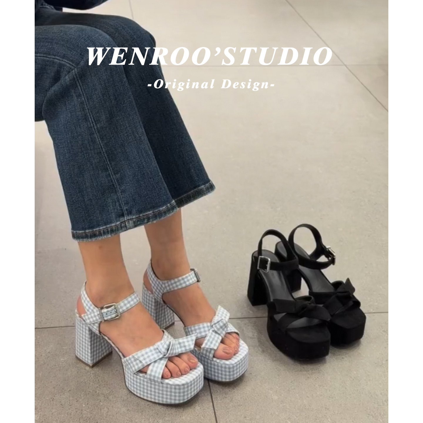 蓝色格子防水台配裙子绝美凉鞋女粗跟2026夏季新款厚底法式高跟鞋