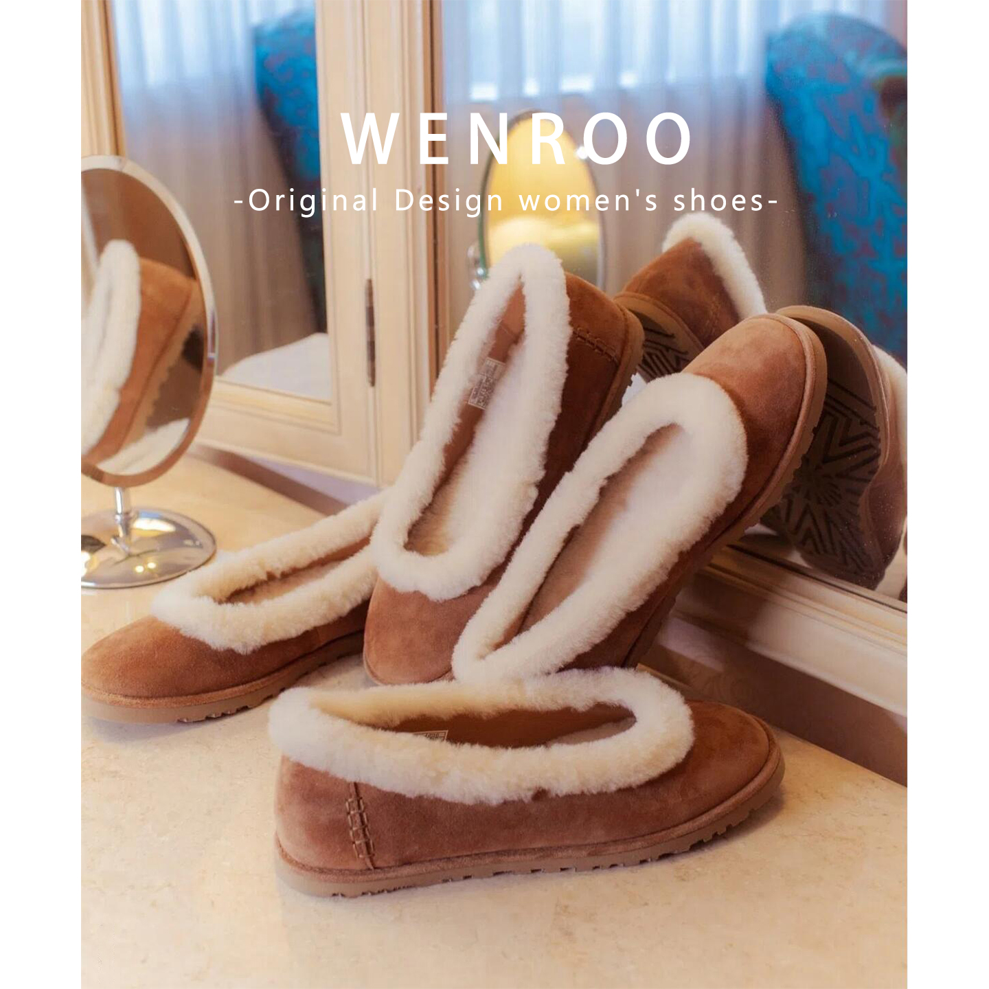 牛皮版真皮棕色加绒厚底豆豆棉鞋