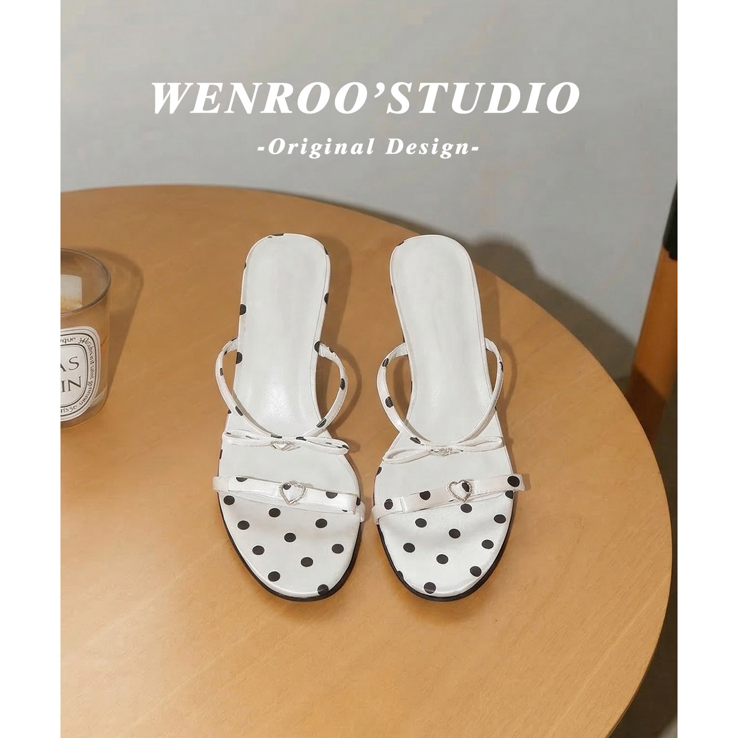 法式波点蝴蝶结细跟高跟鞋女2026夏季新款白色圆头一字带凉拖外穿