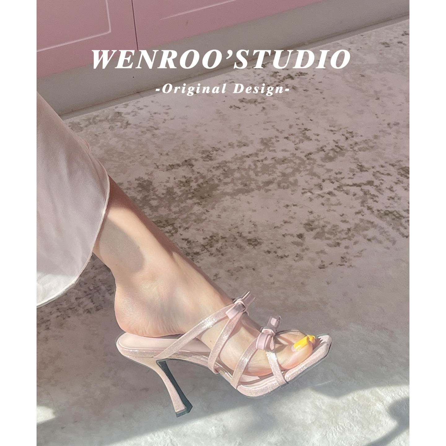 绝美蝴蝶结细带露趾配裙子高跟凉鞋女夏2026新款性感粉色细跟拖鞋