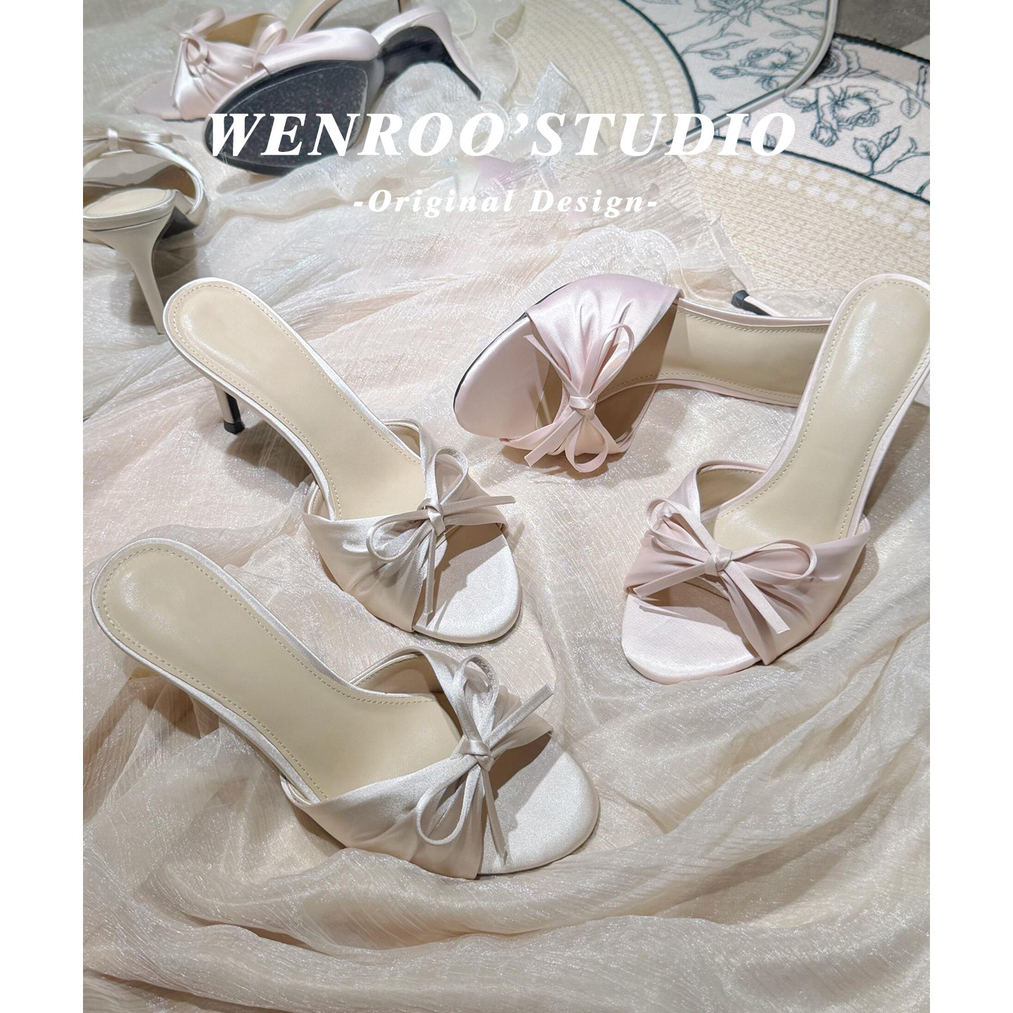 法式缎面褶皱蝴蝶结高跟凉鞋女外穿2026夏季新款粉色性感细跟凉拖