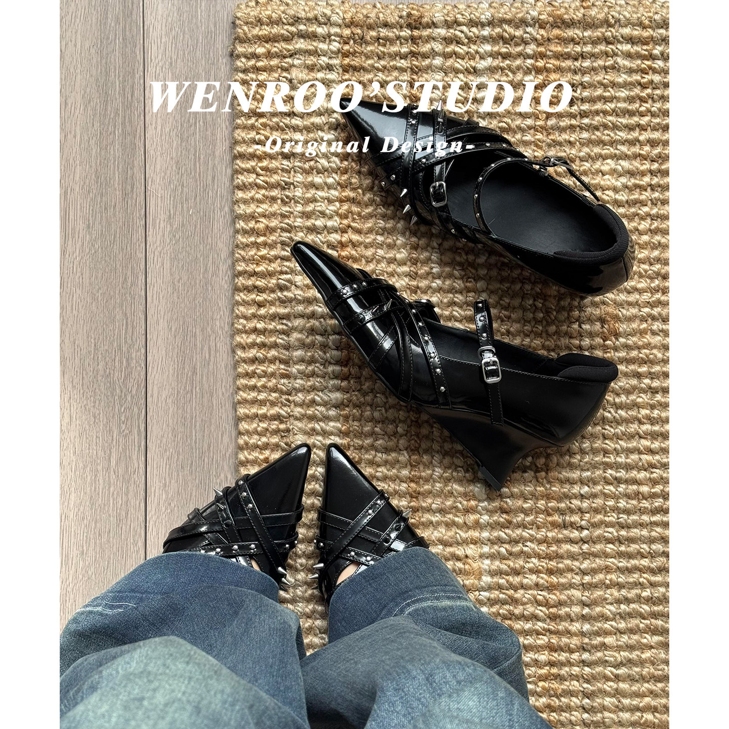 复古朋克风铆钉扣带坡跟高跟鞋女春2026新款黑色绝美尖头浅口单鞋