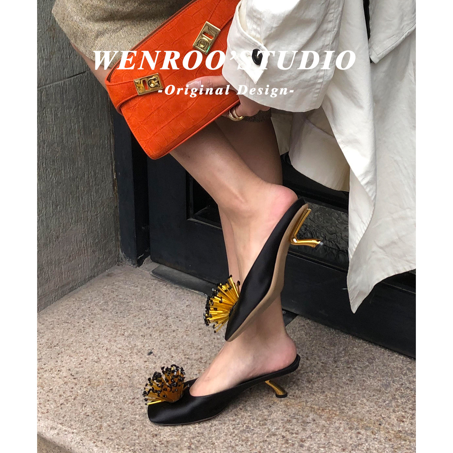 高级感烟花异型跟包头拖鞋女2026夏季新款黑色复古一脚蹬高跟凉拖