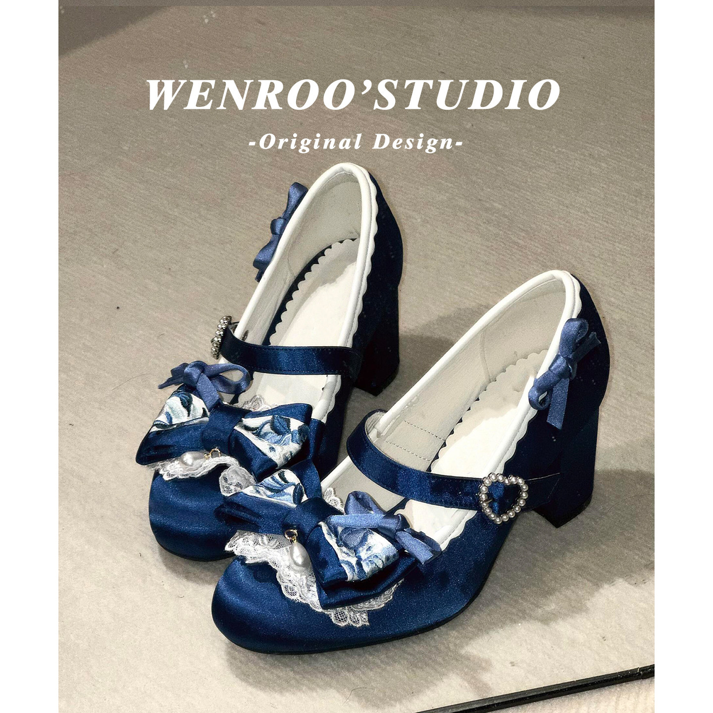 蓝色蕾丝蝴蝶结玛丽珍高跟鞋女粗跟2026年新款优雅绸缎lolita单鞋